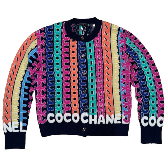 Chanel 21K Blue Rainbow Letter Logo CC Button Long Sleeve Cardigan Sweater 36 - Picture 1 of 15